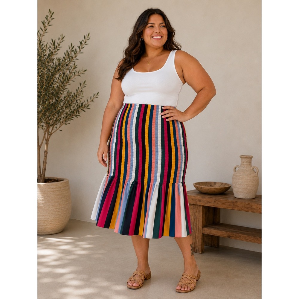 J.Crew Smocked Ruffle Hem Midi Skirt Rainbow Stripe AC500 Womens 16 NWT
